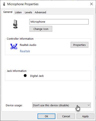 Microphone Properties in Windows 10