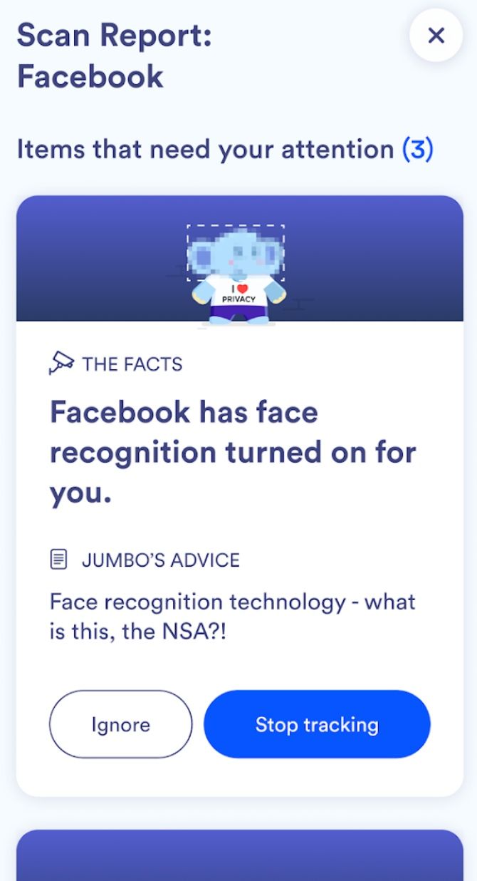 In Jumbo's simple cards, you can check what Facebook knows about you and deactivate settings for each section individually