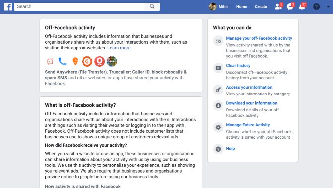 Off Facebook Activity lets you view and control what facebook knows about you through third party websites and apps