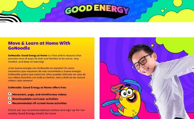 GoNoodle's Good Energy at Home has free weekly physical education and exercise activities for kids
