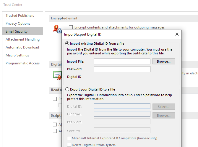 microsoft outlook import security certificates encryption