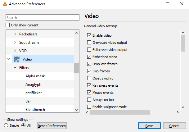 Edit video preferences in VLC