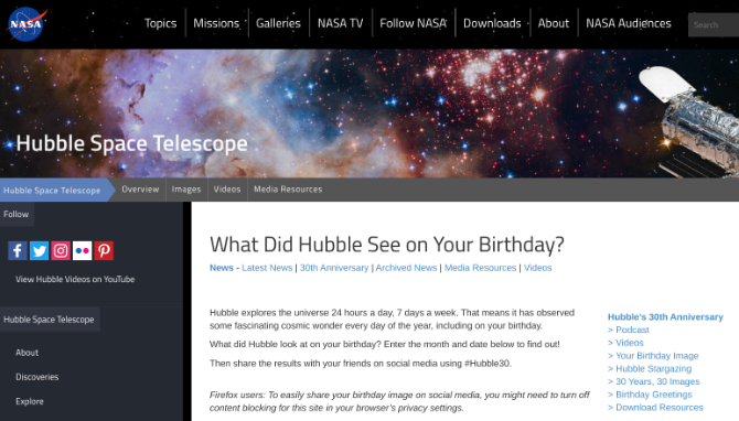 What did the Hubble Telescope see on your birthday? Check NASA's mini-site for a galactic birthday celebration