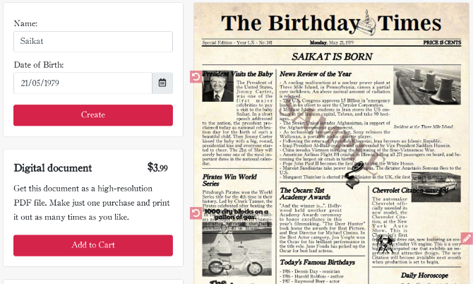 Create a fake newspaper of your birth date at The Birthday Times