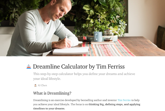Practice the Tim Ferris methods of Dreamline Calculator and Fear Setting as online apps
