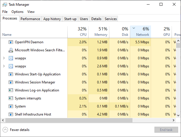 windows task manager show network use