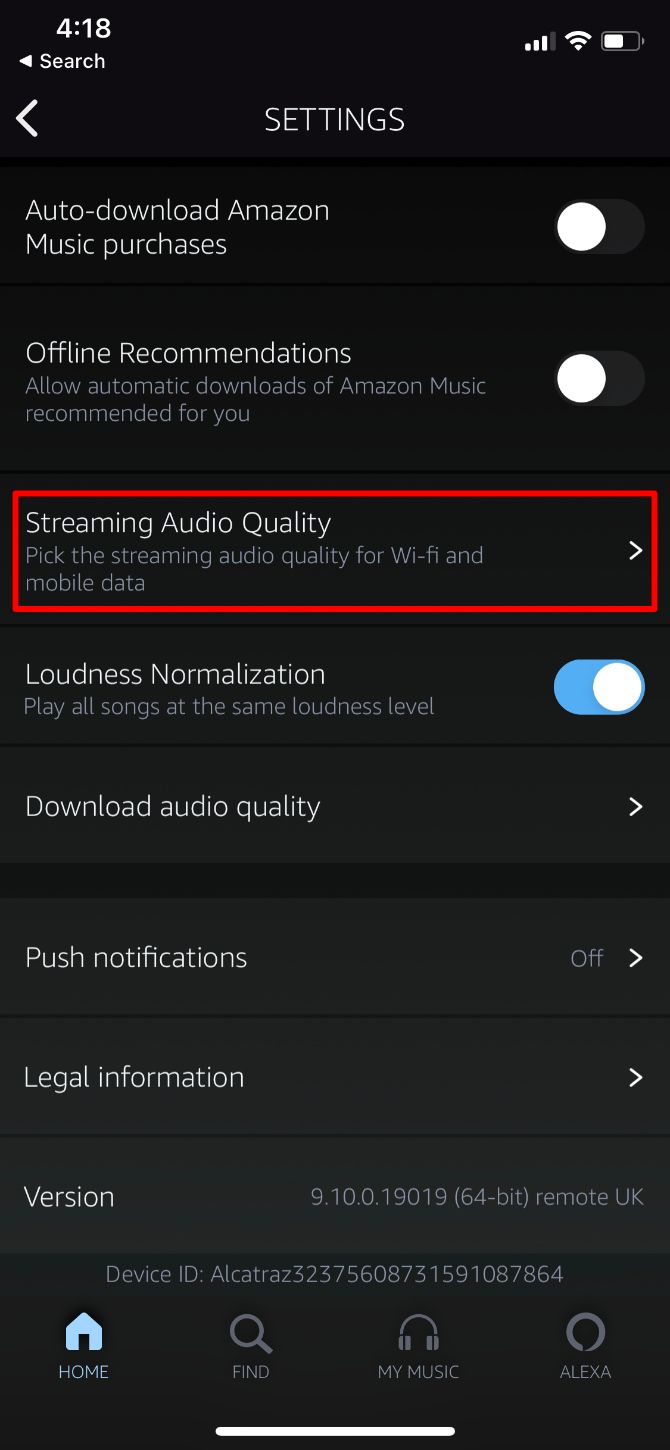 Amazon Music streaming audio quality in Settings