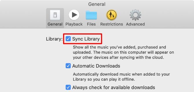 Apple Music preferences with Sync Library option