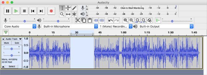Audacity window showing section cut out of audio track