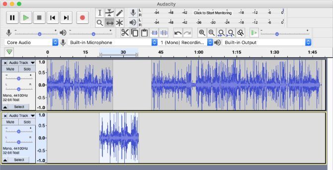 Audio moved across two tracks in Audacity