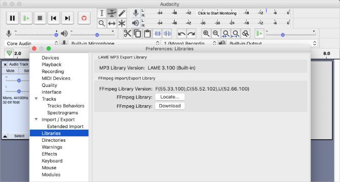FFmpeg Library download button from Audacity preferences