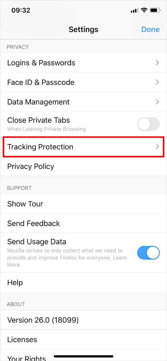 Firefox settings with Tracking Protection option