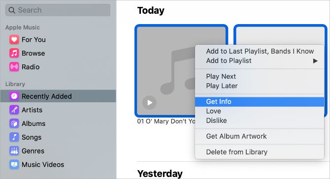 Get Info option from Recently Added music