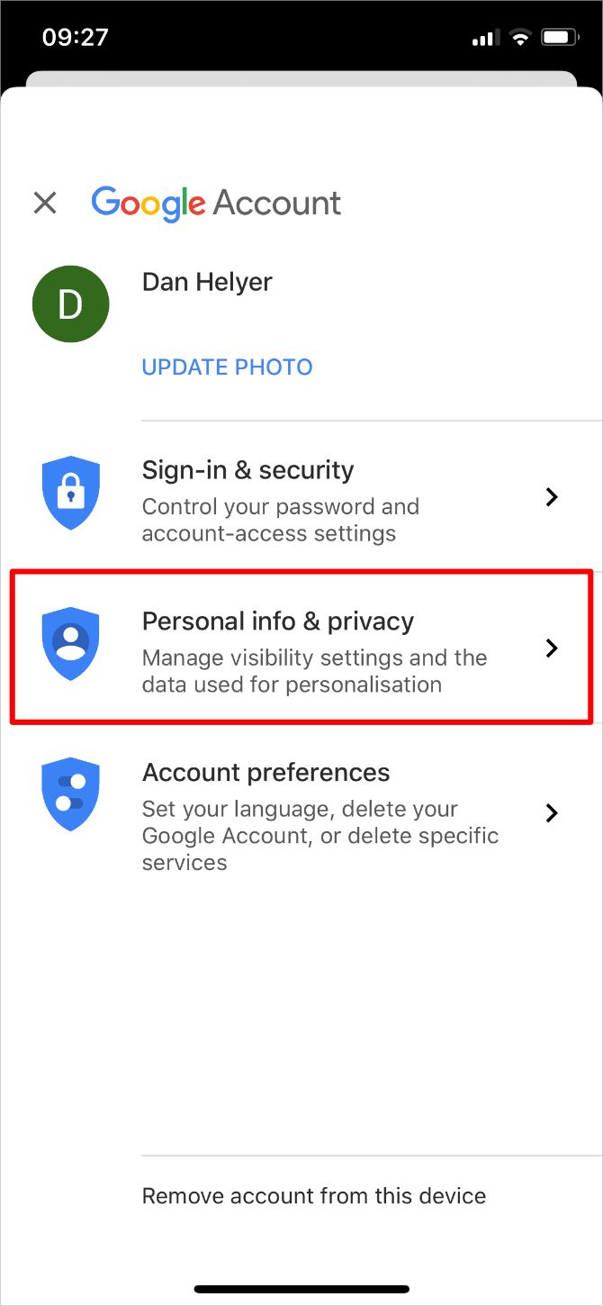 Google Account Peronal info & privacy option
