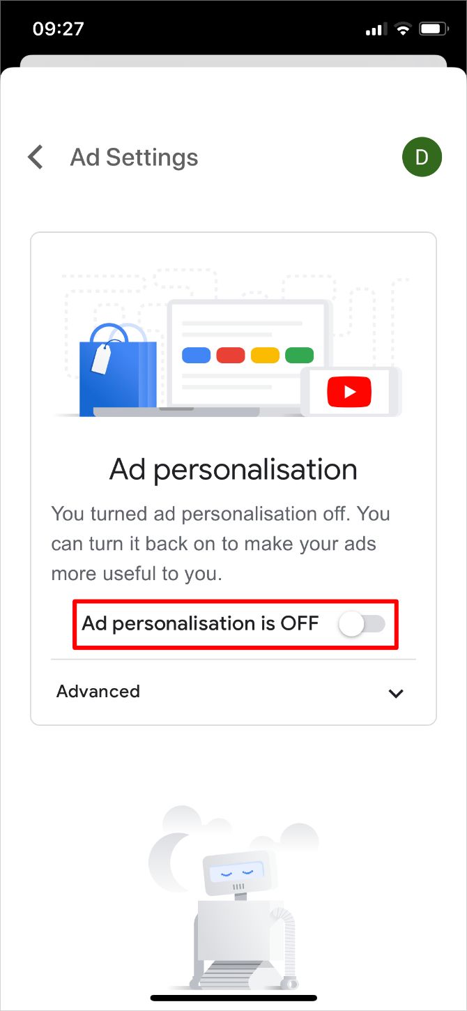 Google Ad personalisation option