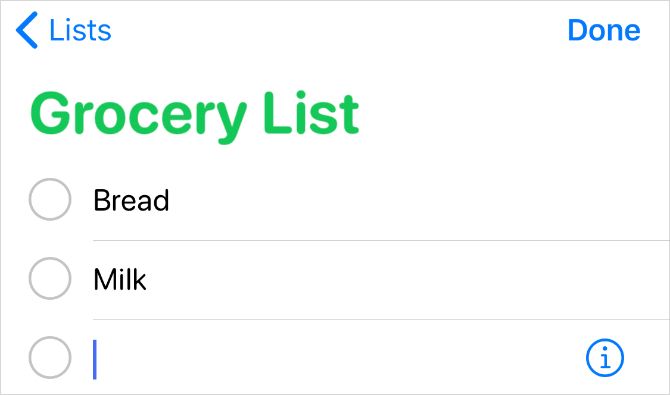Grocery List in Reminders app on iPhone