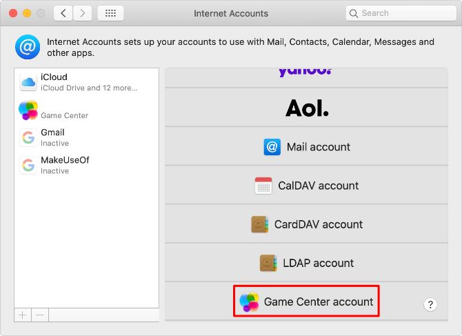 Internet Account preferences highlighting Game Center account