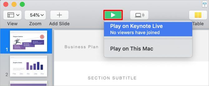 Keynote Play button with Keynote Live option