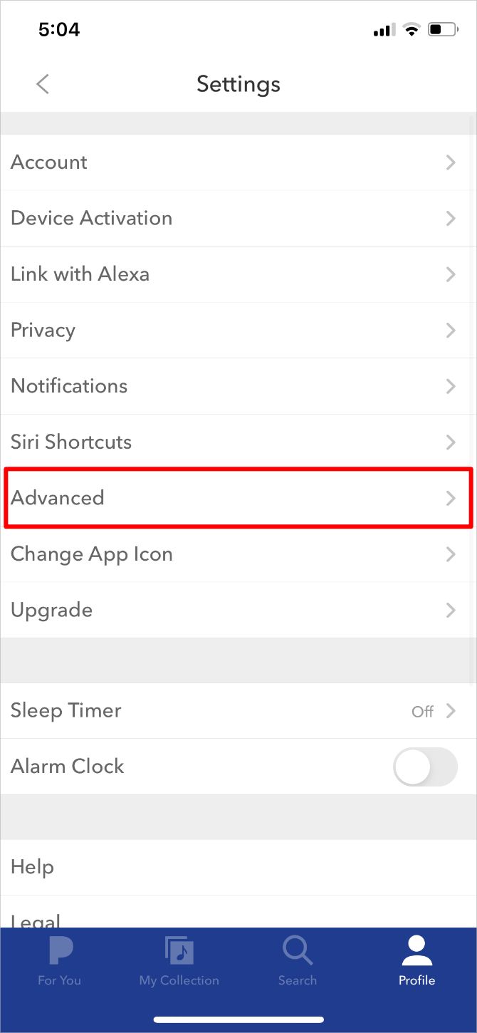 Pandora Advanced settings option