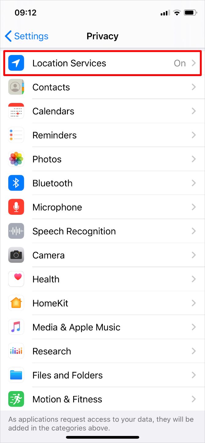 Privacy settings with Location Services option