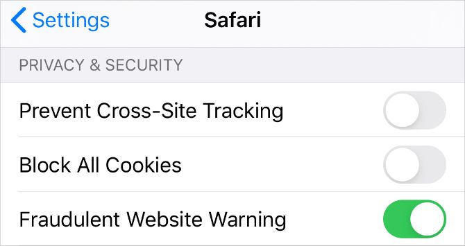Safari Privacy and Security settings