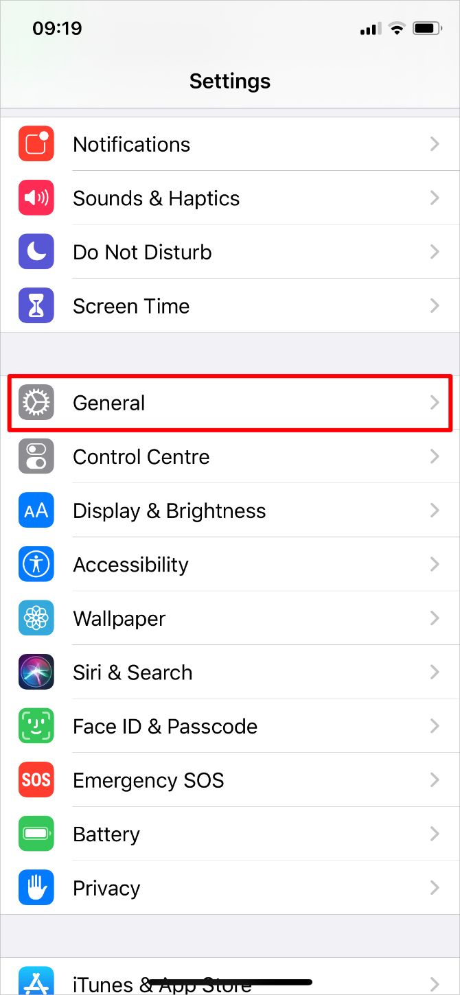 Settings with General option