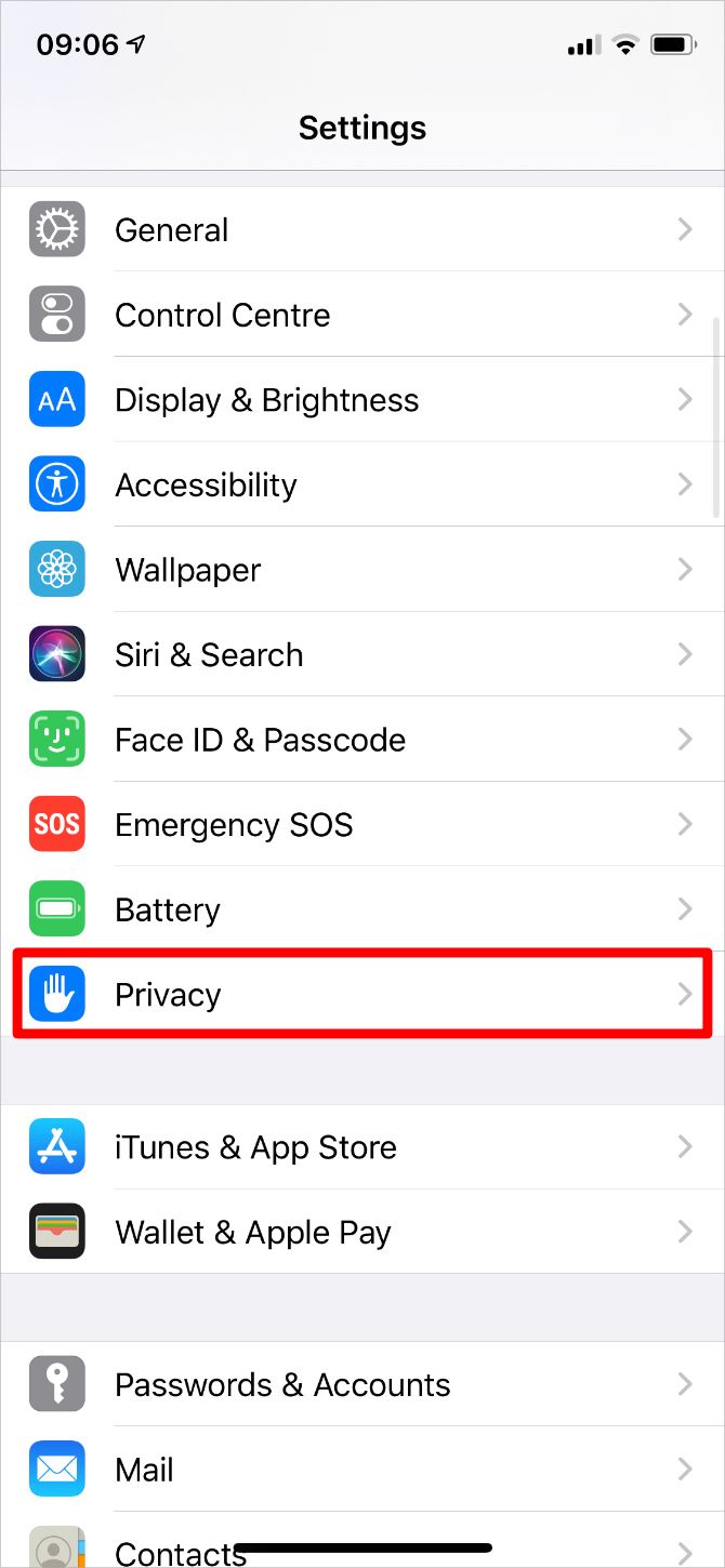 Settings with Privacy option