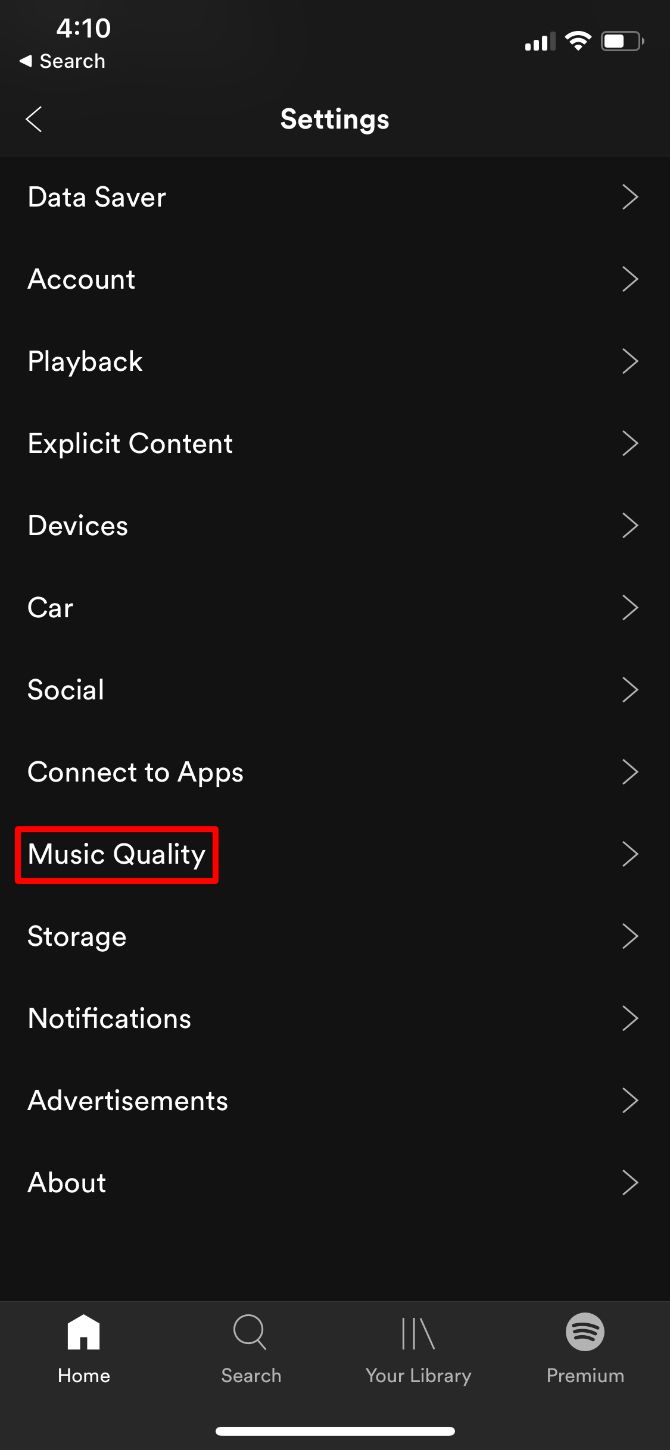 Spotify Settings highlighting Music Quality