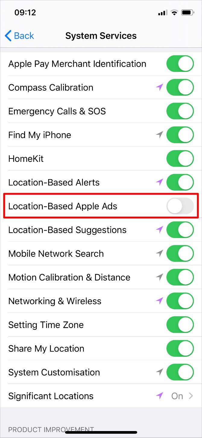 System Services with Location-Based Apple Ads option