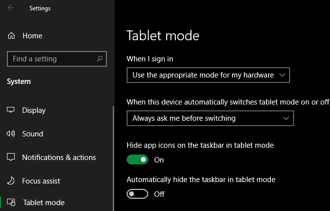 Windows 10 Tablet Mode Options