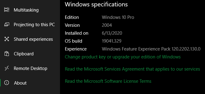 Windows 10 Version Information