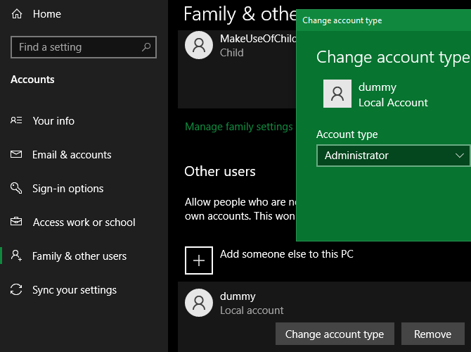 Windows Change Account Type Settings