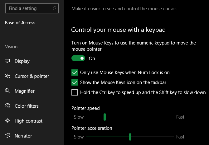 Windows Mouse Keys Settings