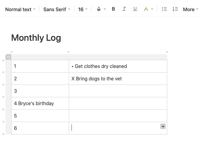 Bullet Journal Monthly Log in Evernote