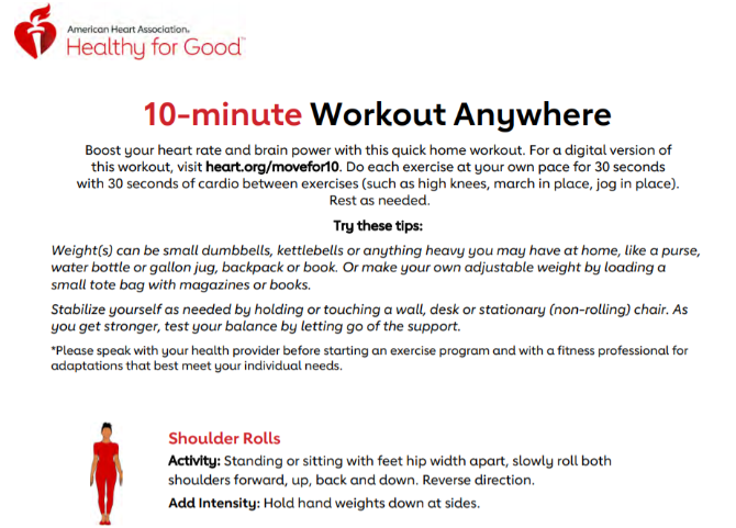 American Hearts Association offers a free 10-minute heart healthy cardio workout