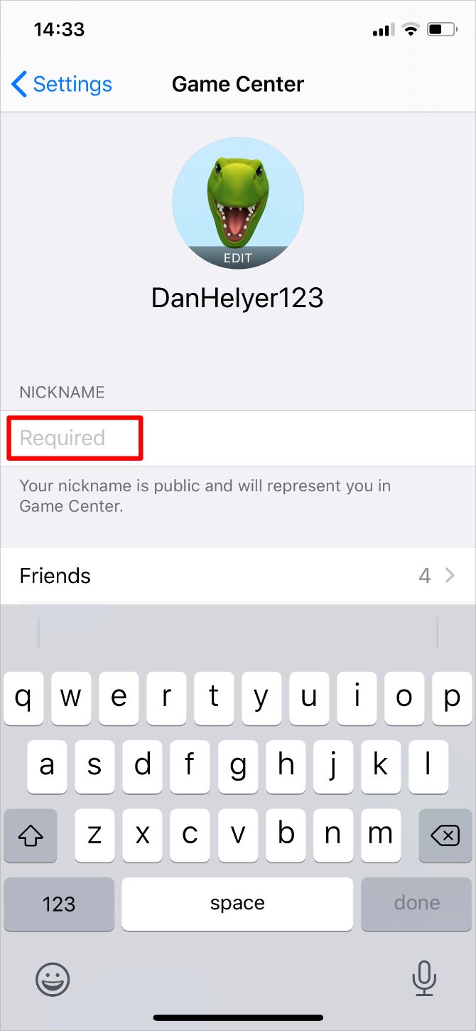 iPhone Game Center Nickname field