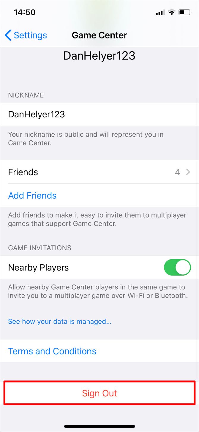 iPhone Game Center settings highlighting Sign Out option