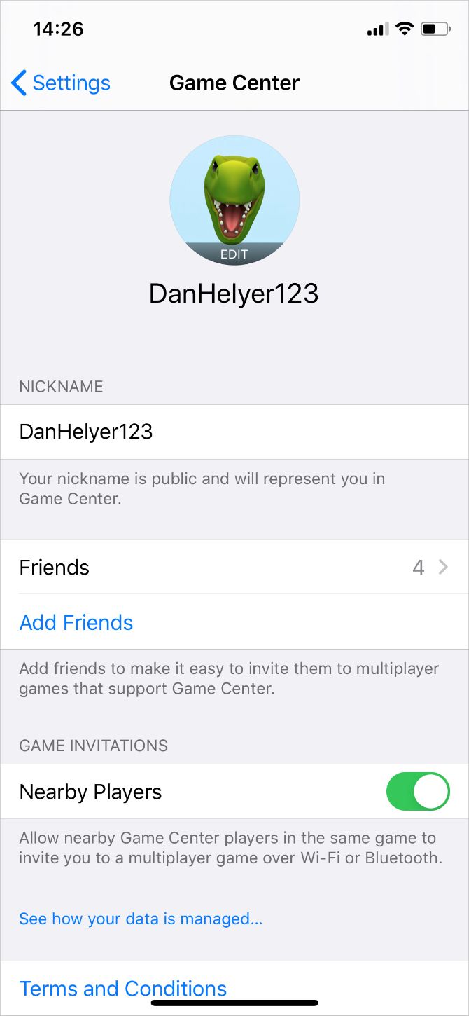 iPhone Game Center settings