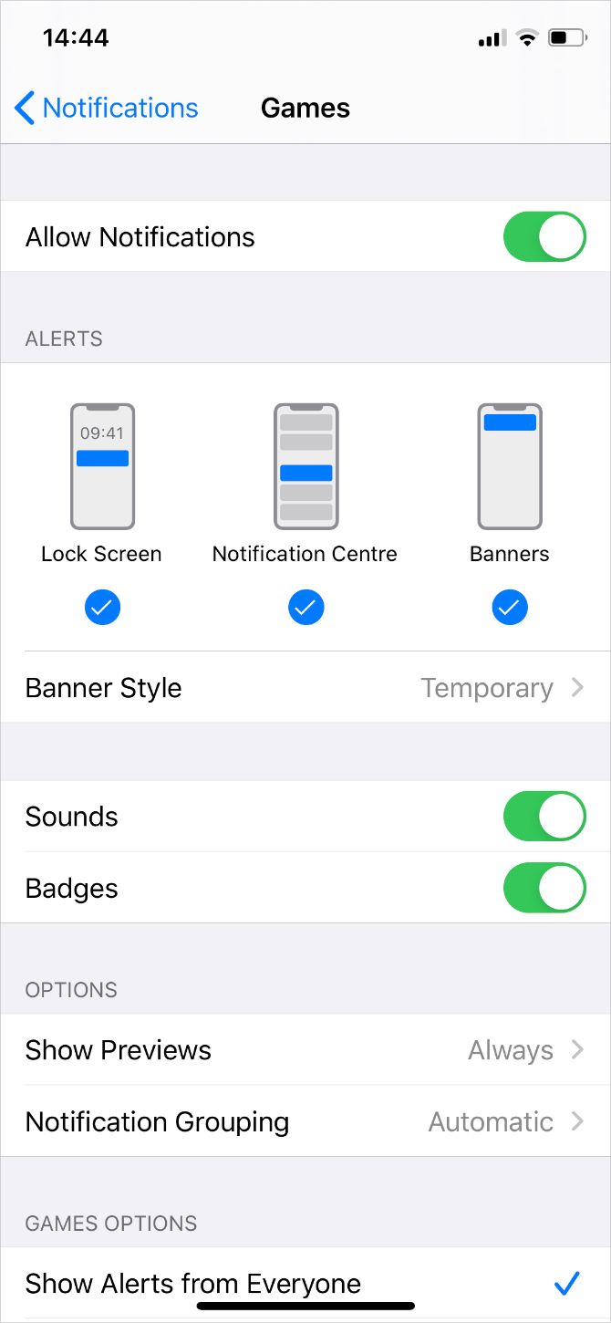 iPhone Games Notifications settings