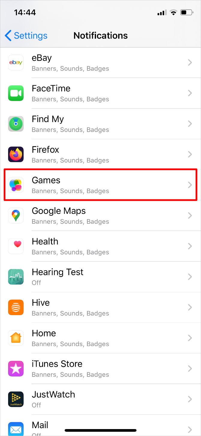 iPhone Notifications settings highlighting Games option