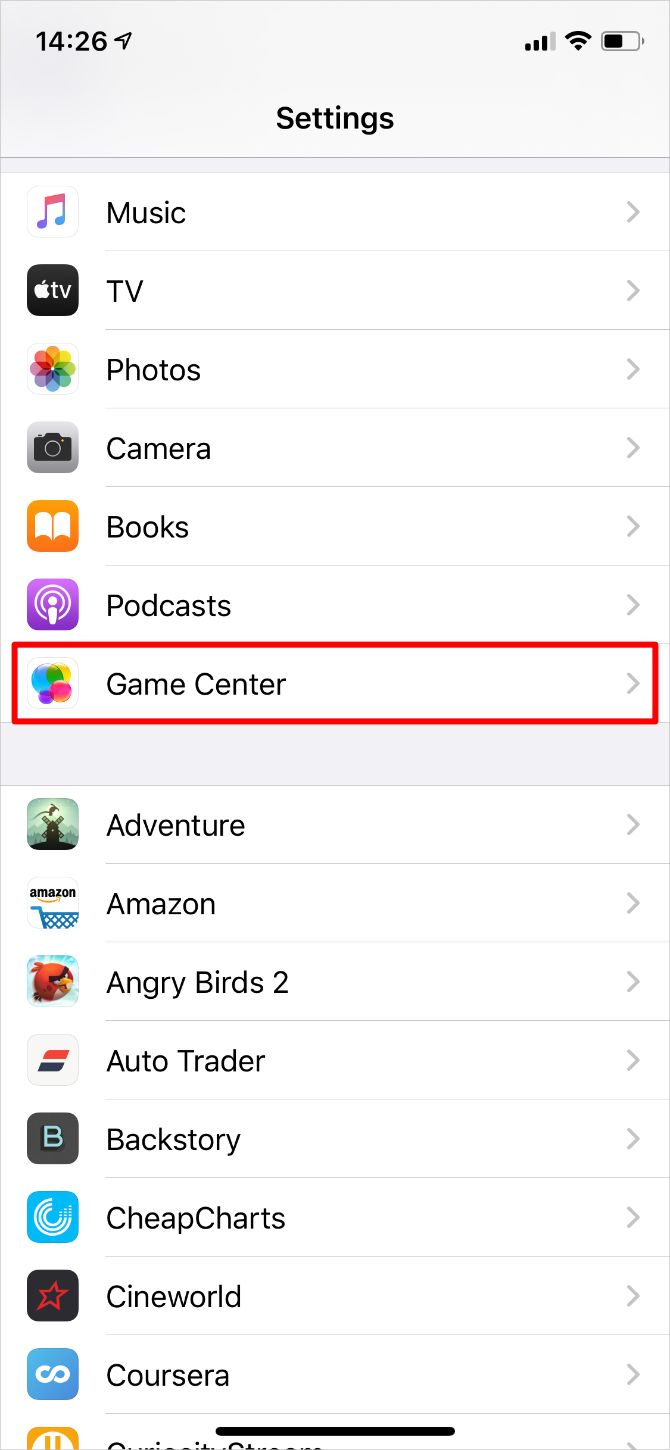 iPhone Settings highlighting Game Center
