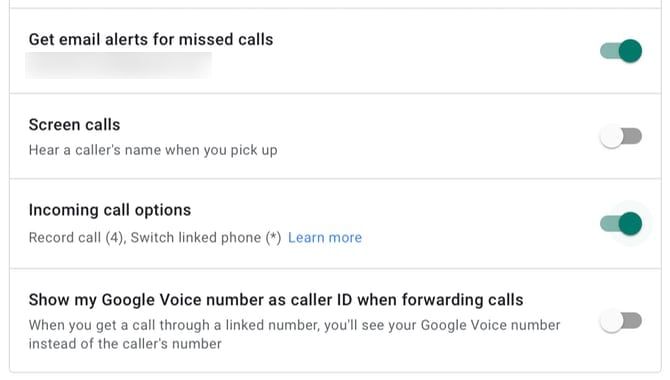 فعال کردن گزینه‌های تماس ورودی برای Google Voice
