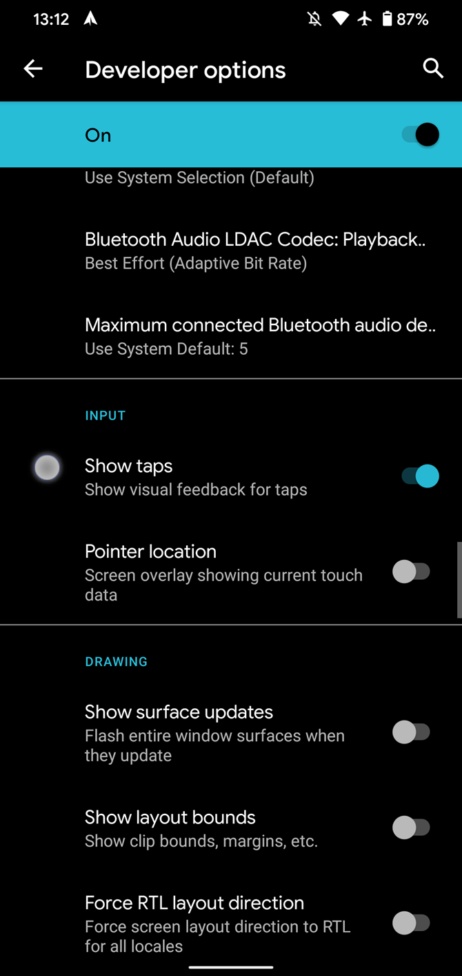 Android Show Taps Enabled