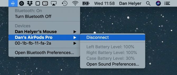 AirPods battery level in macOS Bluetooth menu