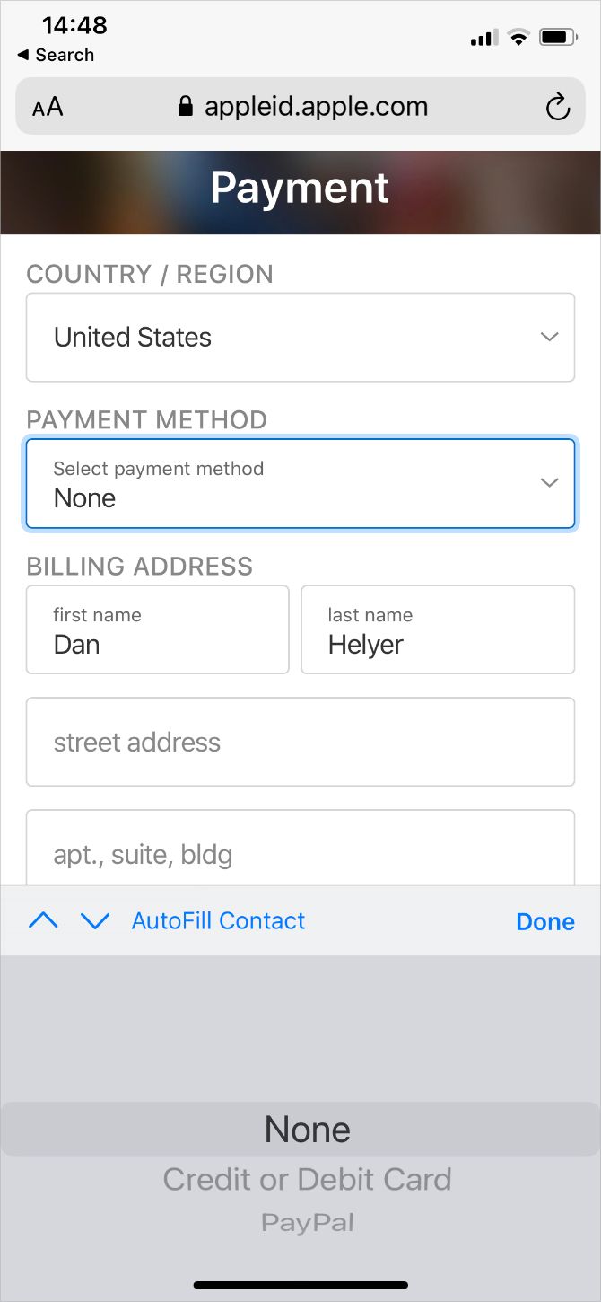 Apple ID creation Payment Method selecting None