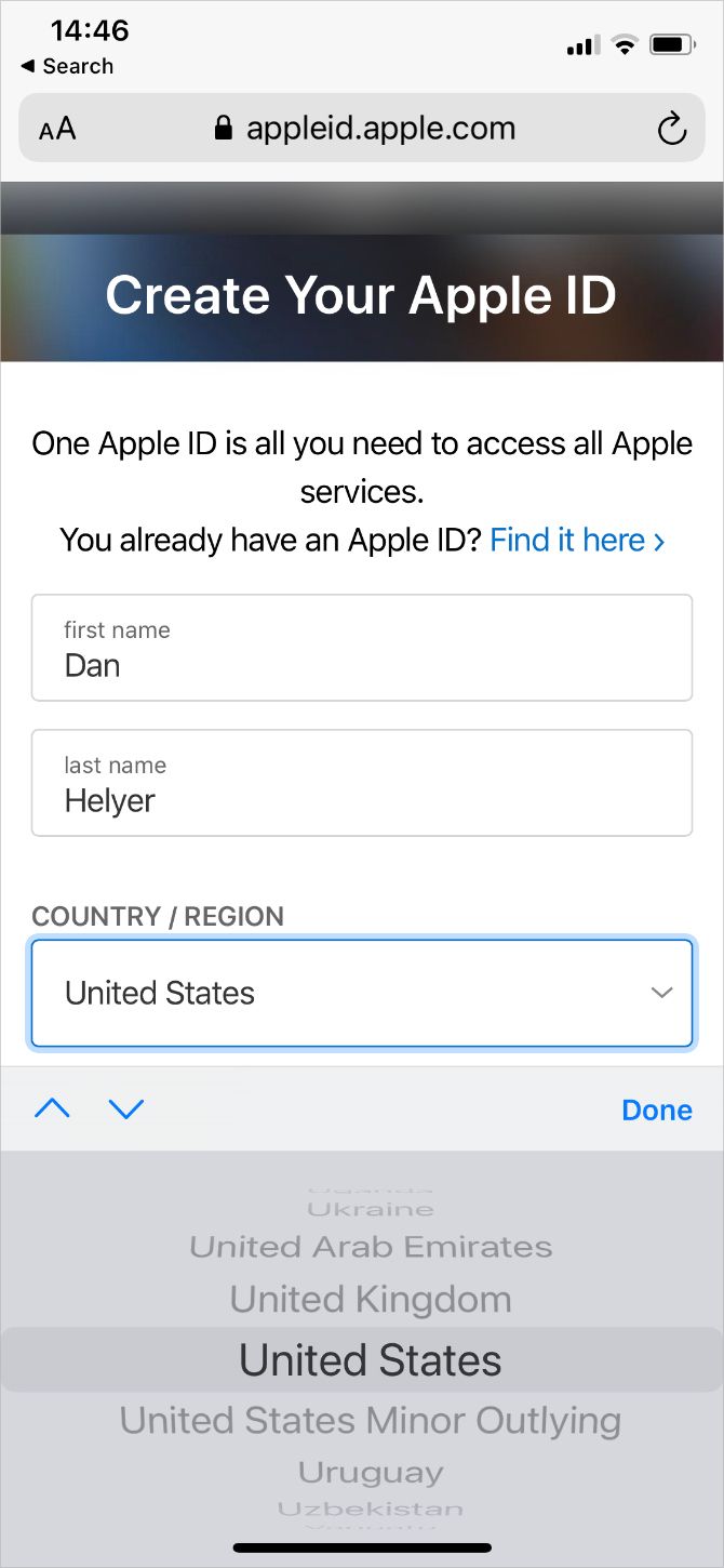Apple ID creation selecting United States country