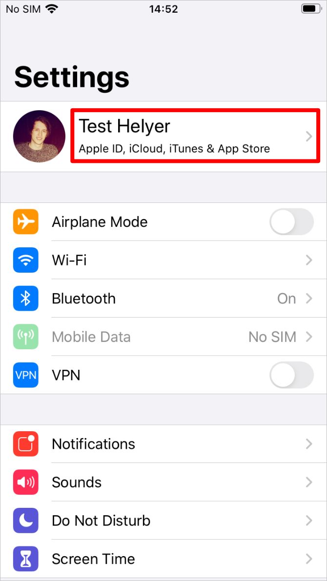 Apple ID option from iPhone settings