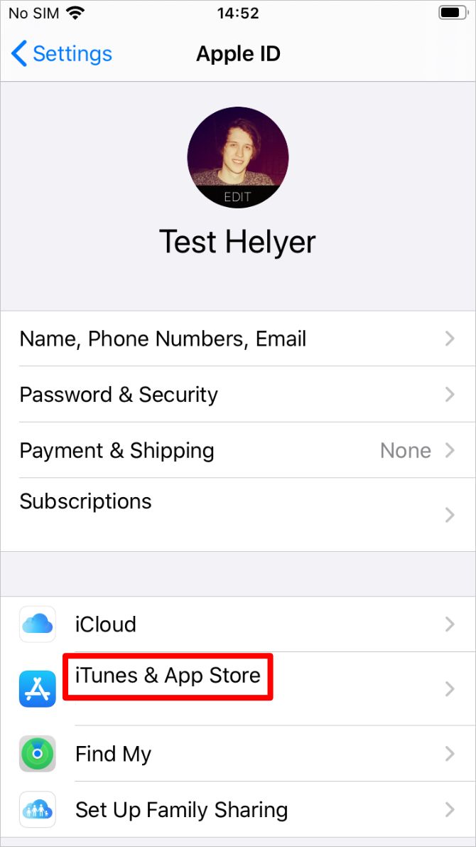Apple ID settings highlighting iTunes & App Store option