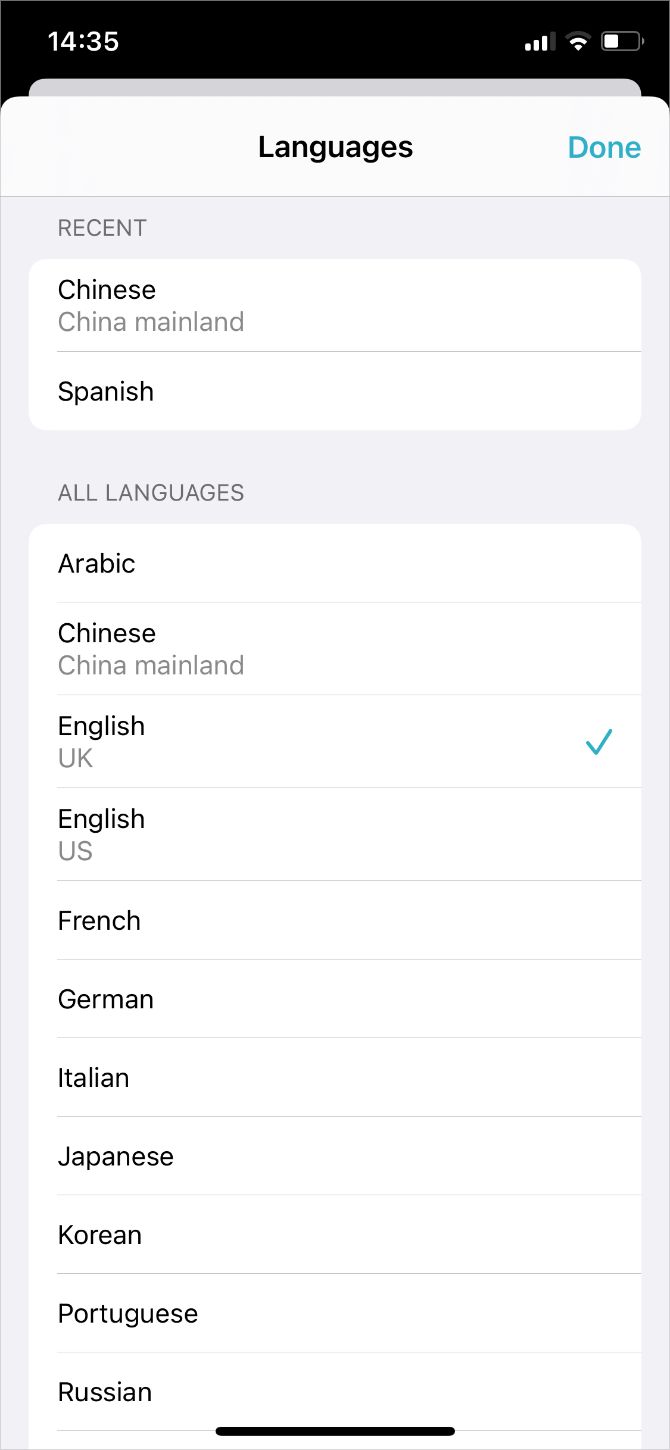 Apple Translate languages available on iPhone