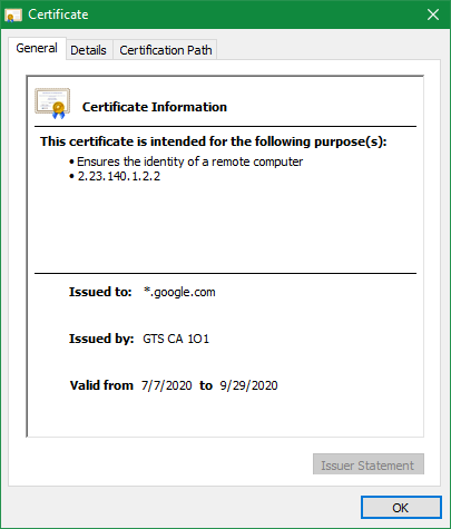 Chrome Website Certificate